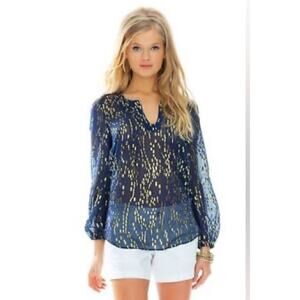 Lilly Pulitzer | Silk Colby Navy Blue + Gold Clip Dot Blouse | Size XXS
